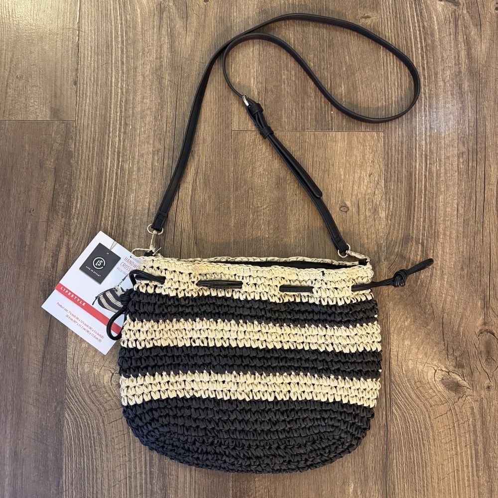 Aldi's LIVE IN STYLE HandWoven Straw Crossbody Bag Natural & Black  NEW W Tags